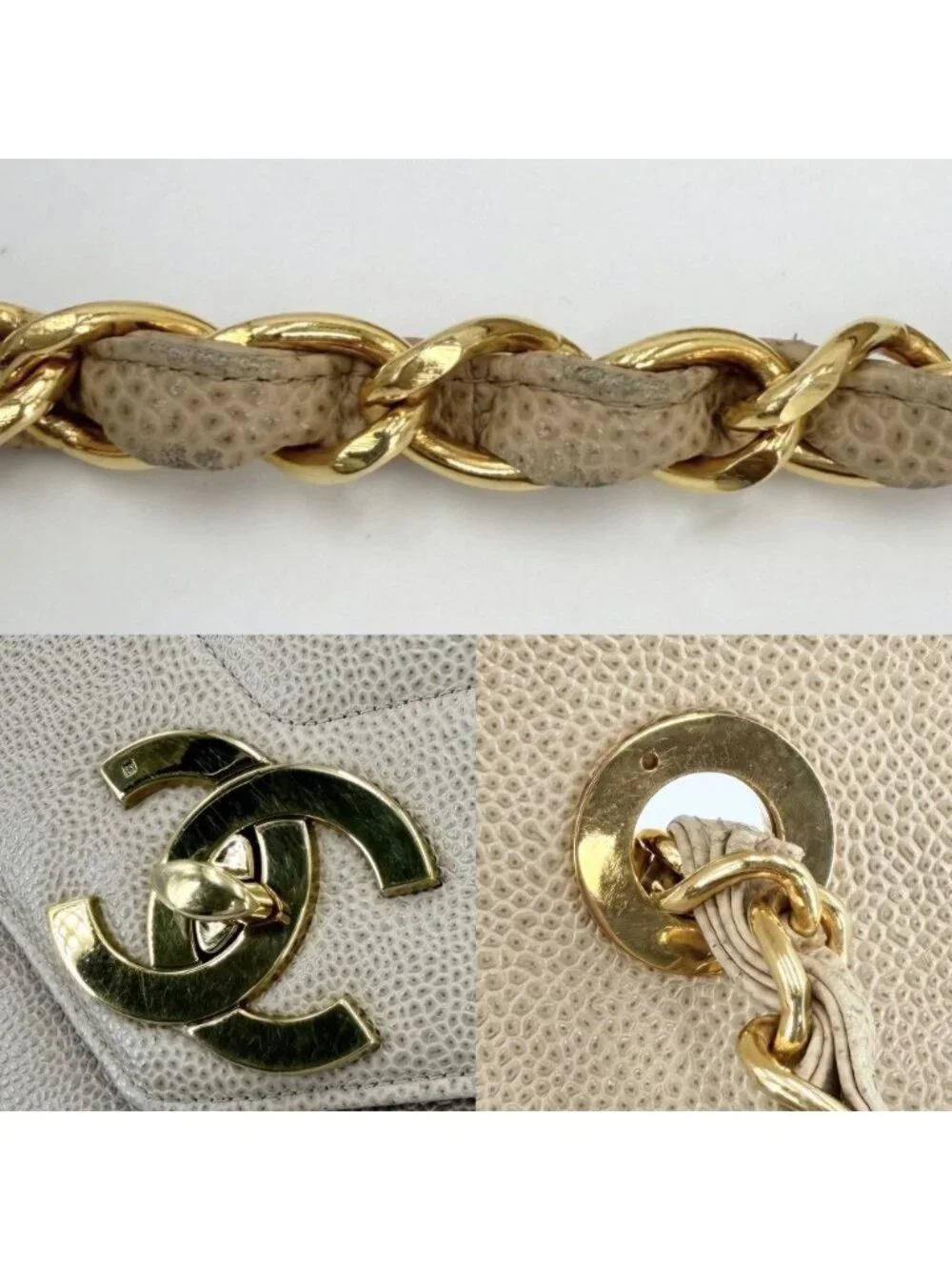 Chanel Shoulder Bag CC Logo Turnlock Crossbody Stitch Chez Blanc Caviar Leather